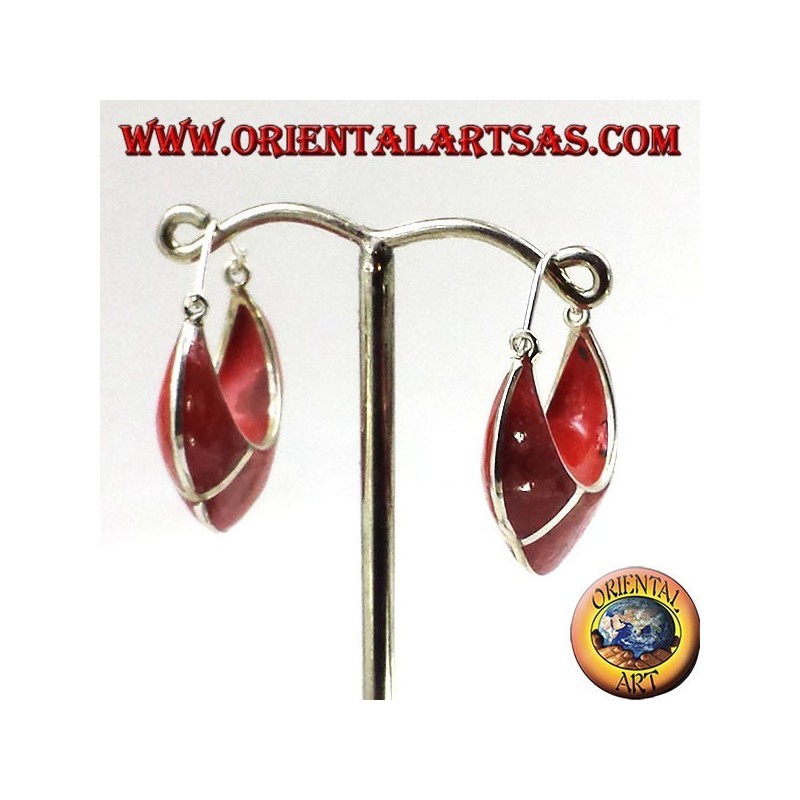 silver earrings, semi-circle crescent with coral madrepora