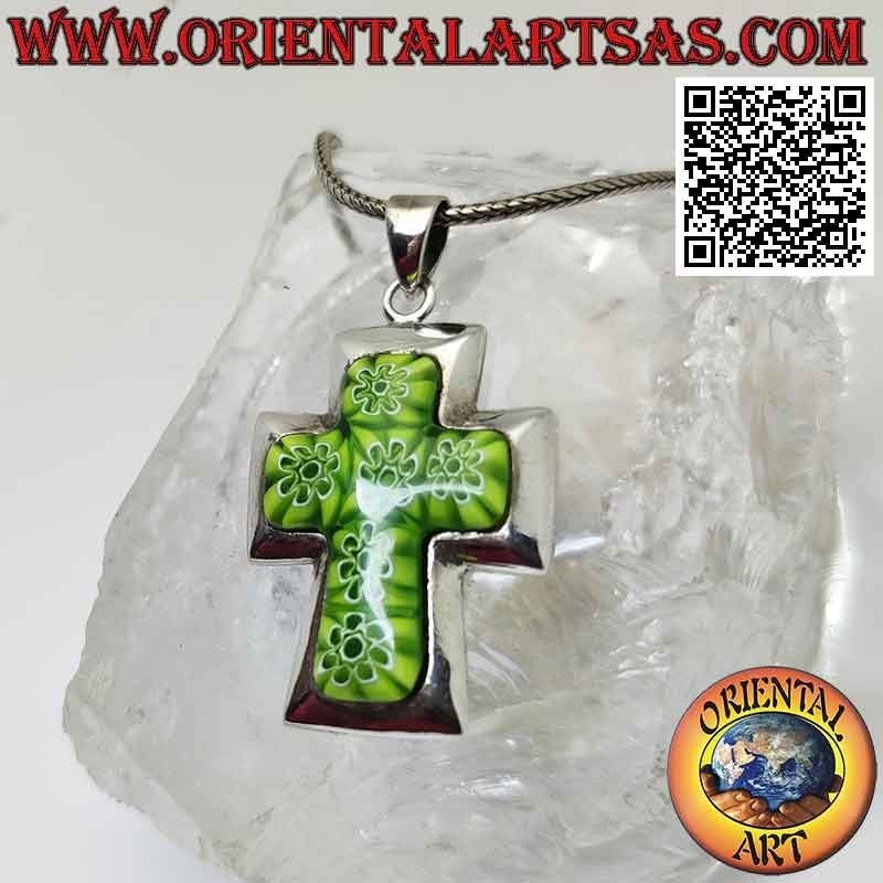 Pendentif en argent, croix avec murrina (vert) et bord lisse