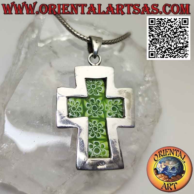 Colgante de plata, cruz con murrina (verde) y borde liso