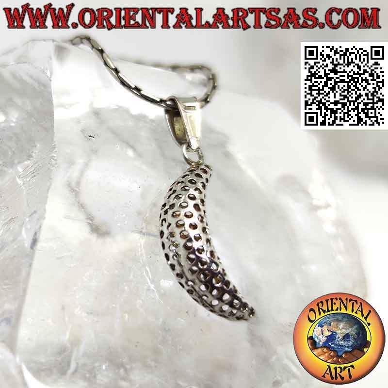 Silver pendant, perforated three-dimensional smooth crescent