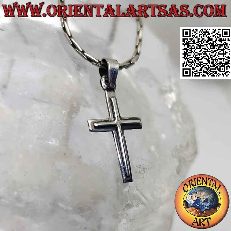 Ciondolo in argento, doppia croce cristiana sovrapposta liscia