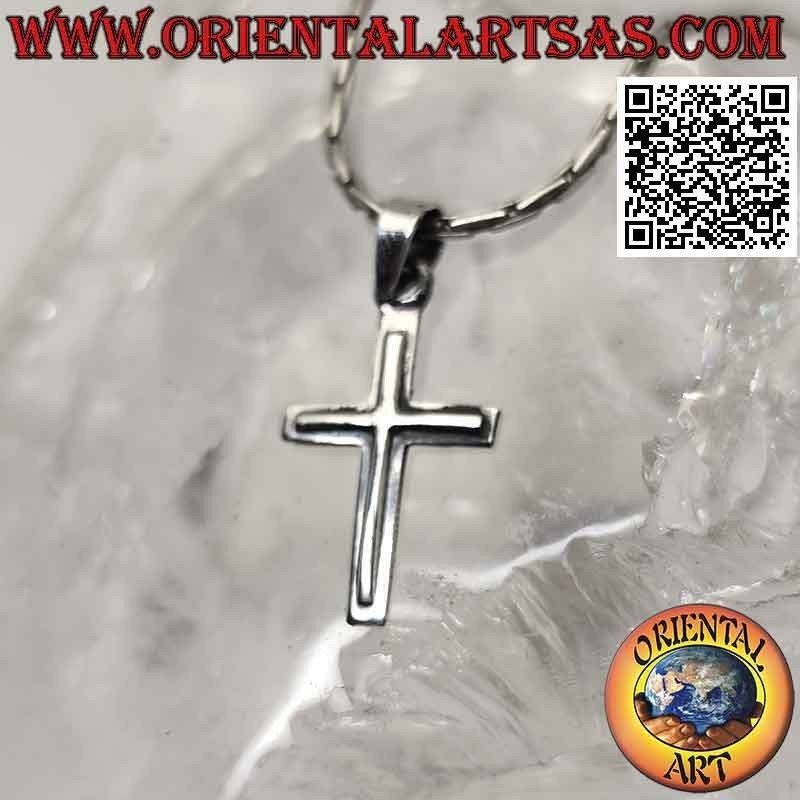 Pendentif en argent, double croix chrétienne lisse superposée