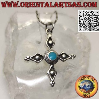 Silver pendant ancient cross of Cerdanya with central round turquoise