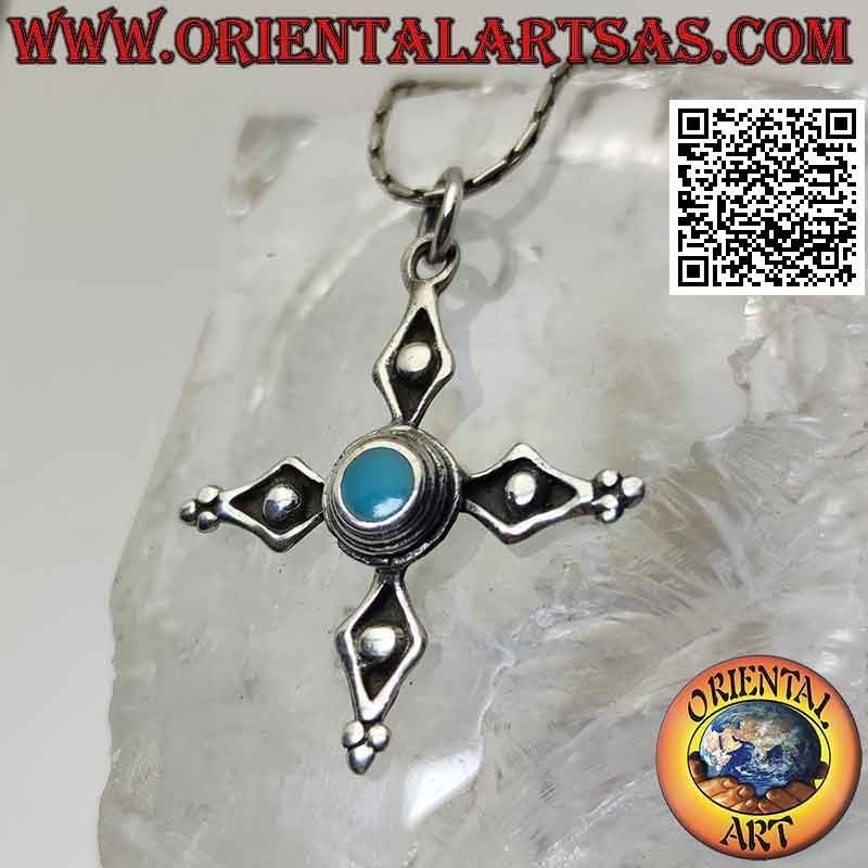 Silver pendant ancient cross of Cerdanya with central round turquoise