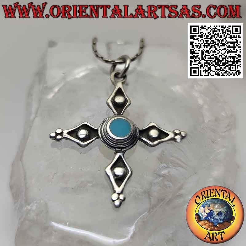 Pendentif en argent croix ancienne de Cerdagne avec turquoise ronde centrale