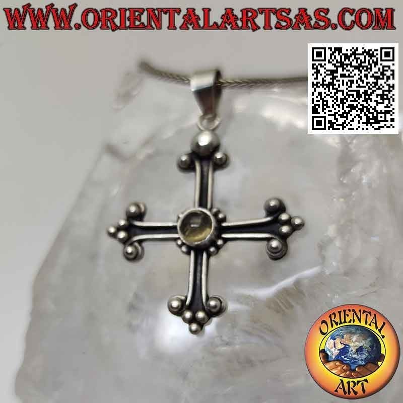Silver pendant, cross of San Lorenzo with central round yellow topaz