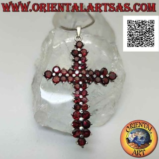 Silver pendant, large pointed Latin cross of round faceted garnets