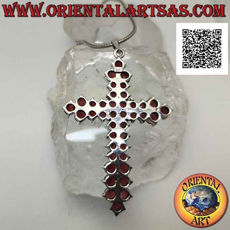 Silver pendant, large pointed Latin cross of round faceted garnets