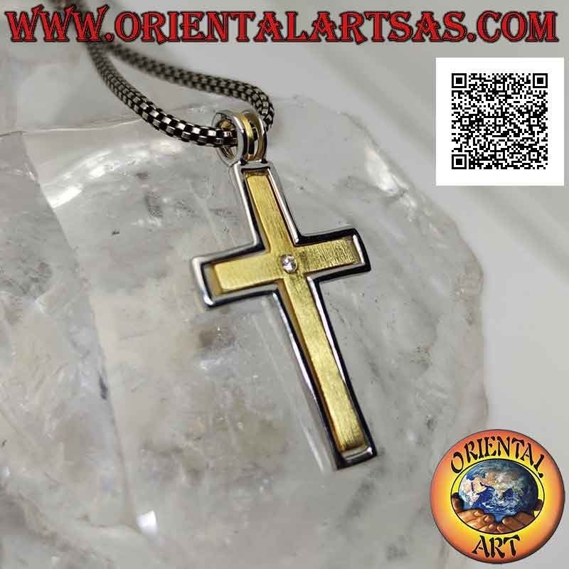 Silberanhänger, vergoldetes christliches Lateinisches Kreuz (zentral) mit weißem Zirkon