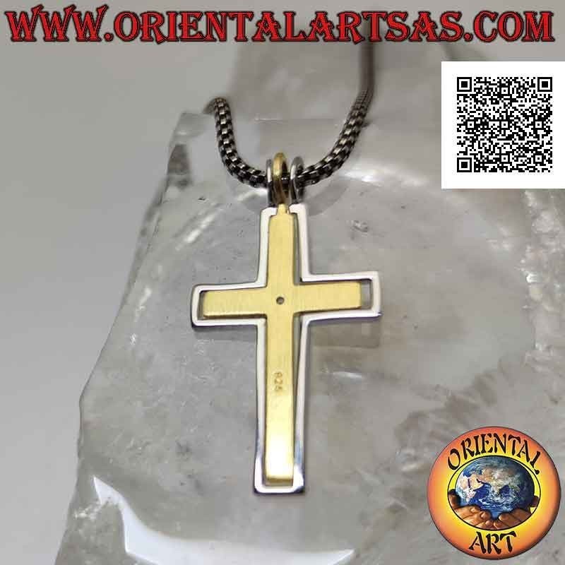 Ciondolo in argento, croce latina cristiana placcata oro (centrale) con zircone bianco