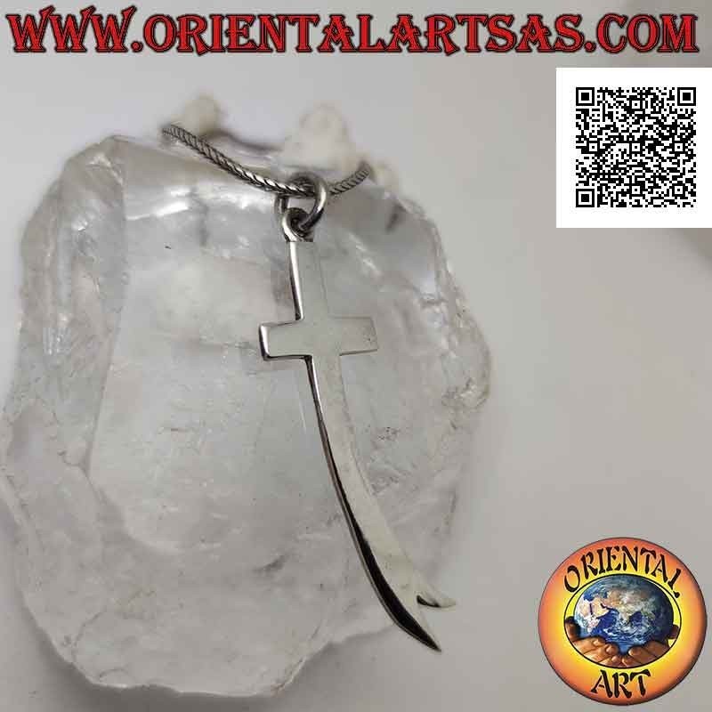 Silver pendant, smooth and flat Latin cross with bifurcated curved termination