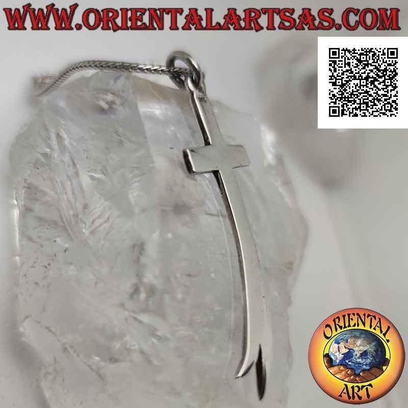 Silver pendant, smooth and flat Latin cross with bifurcated curved termination