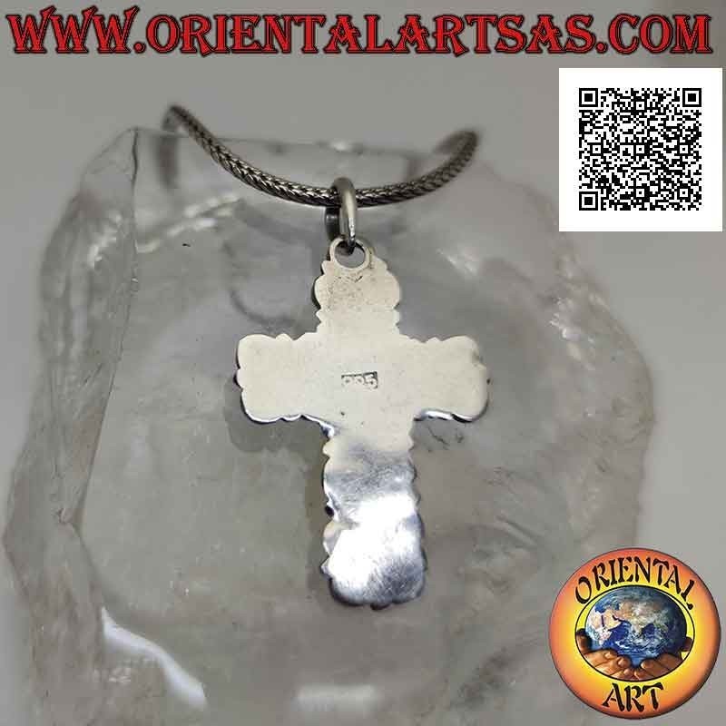 Silberner Anhänger, handgemachtes Barockkreuz mit natürlichem Cabochon horizontaler ovaler Peridot