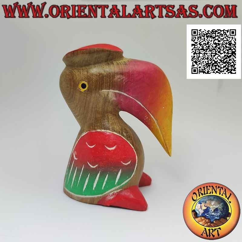 Skulptur eines Toco-Tukans mit handbemaltem "Absolventen" -Hut aus 12 cm Teakholz