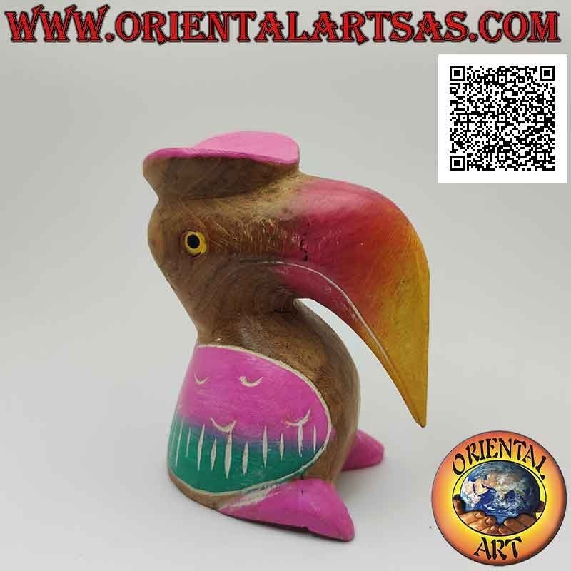 Skulptur eines Toco-Tukans mit handbemaltem "Absolventen" -Hut aus 12 cm Teakholz