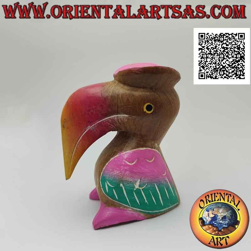 Scultura di un tucano toco con cappello "laureato" dipinto a mano, in legno di teak da 12 cm
