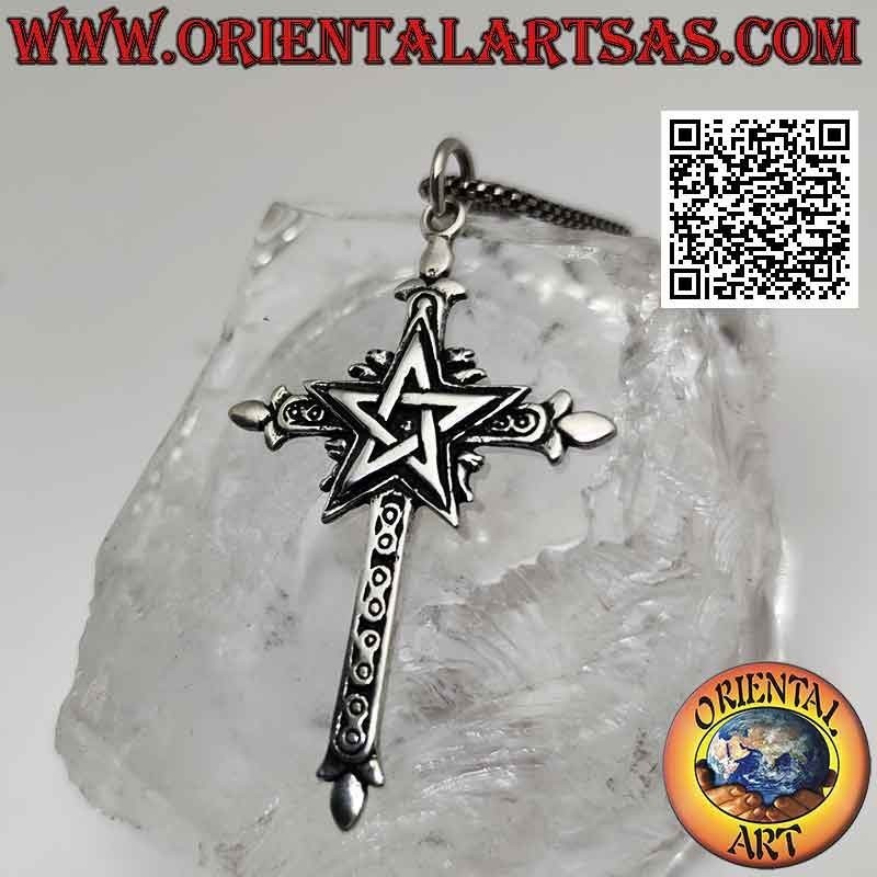 Silver pendant, lily cross with central pentacle