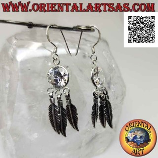 Silver leverback earrings with white faceted round zircon and three dangling feathers
