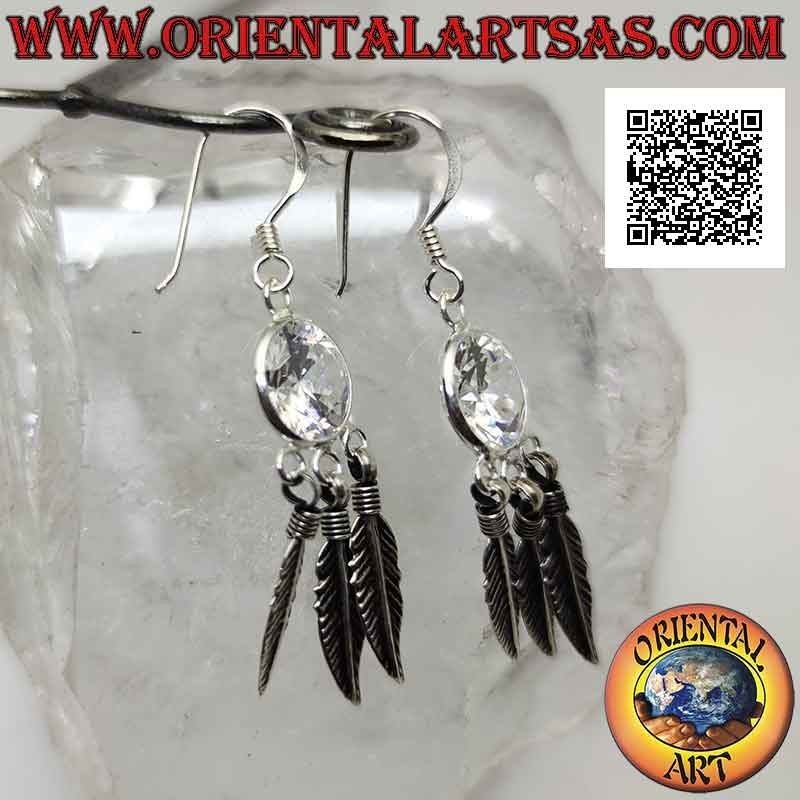 Silver leverback earrings with white faceted round zircon and three dangling feathers