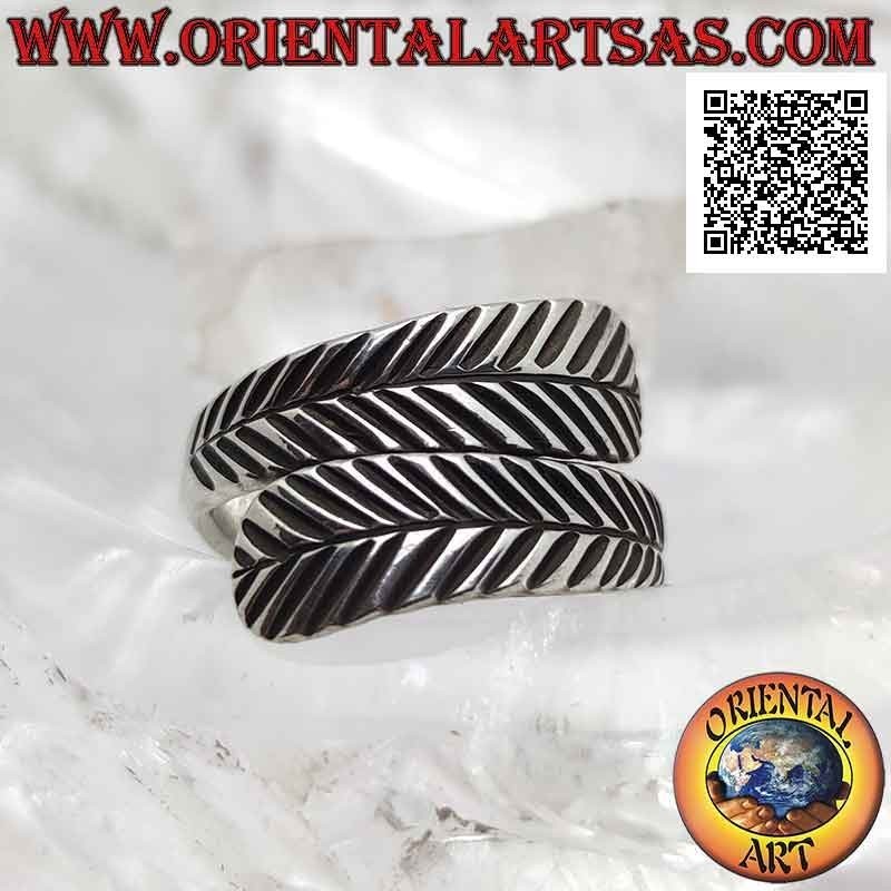 Adjustable double feather silver ring, symbol of purification