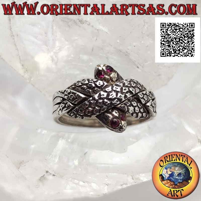 Anillo de rompecabezas de fe turco con cuatro líneas de serpientes con ojos de rubí en plata
