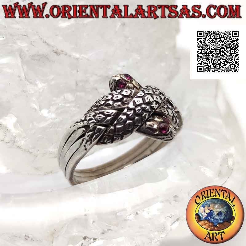 Bague puzzle foi turque avec quatre lignes de serpents aux yeux rubis en argent