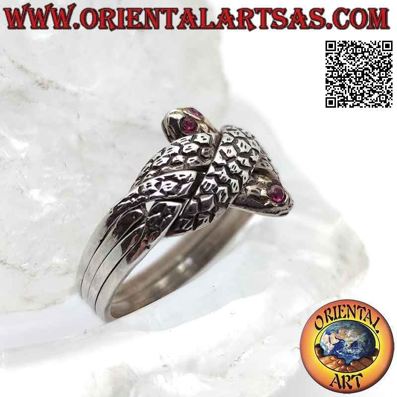 Anillo de rompecabezas de fe turco con cuatro líneas de serpientes con ojos de rubí en plata