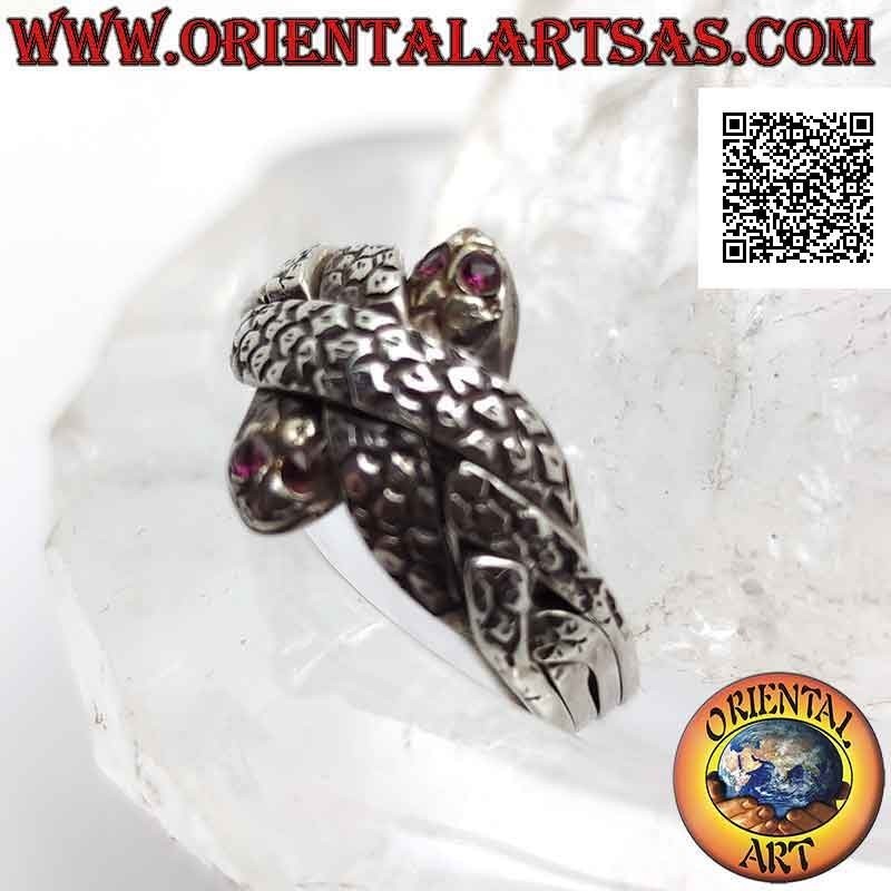 Turkish faith puzzle ring with four lines of snakes with ruby eyes in silver