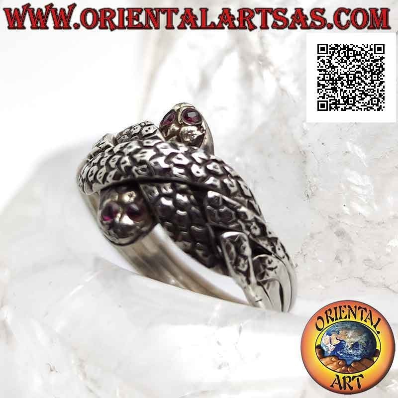 Bague puzzle foi turque avec quatre lignes de serpents aux yeux rubis en argent