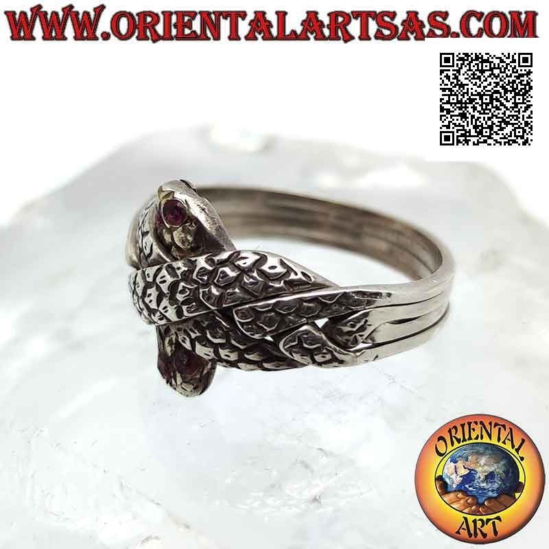 Anello puzzle fede turca a quattro fili di serpenti con occhi di rubini in argento
