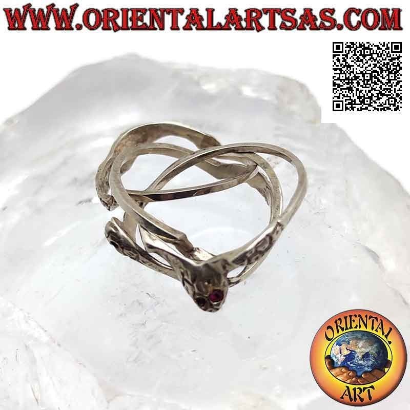 Turkish faith puzzle ring with four lines of snakes with ruby eyes in silver