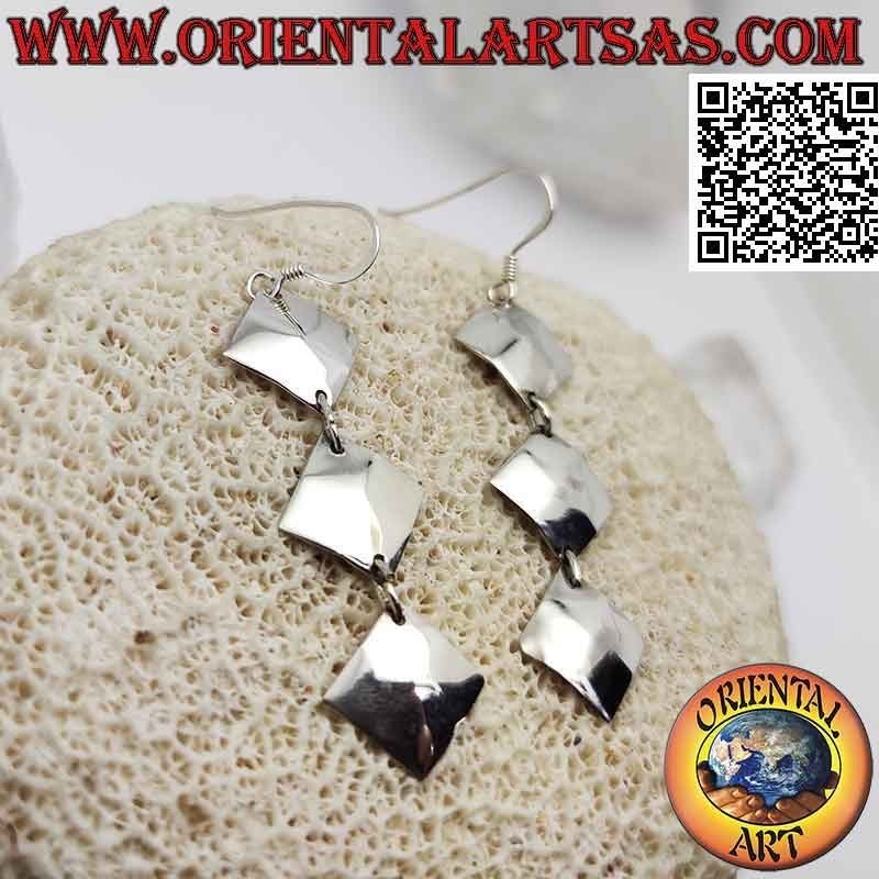Silver leverback earrings with a row of trio of pendent equilateral rhombuses