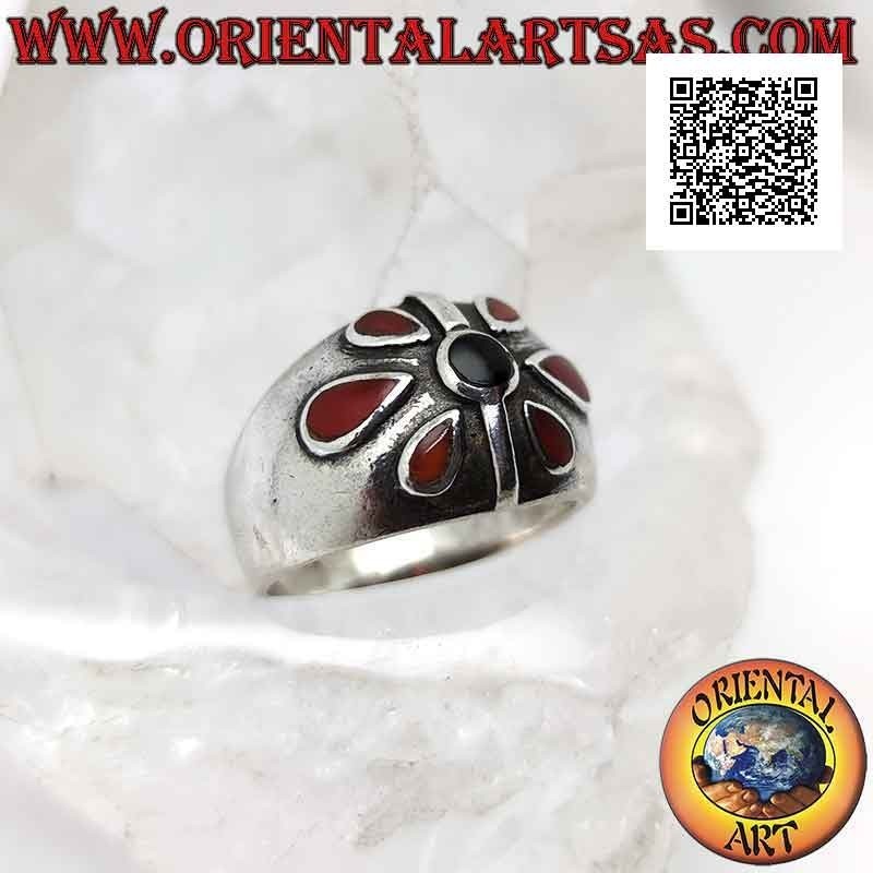 Growing band silver ring with carnelian petal flower and onyx center