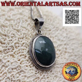 Silver pendant with oval moss green agate surrounded by weaving
