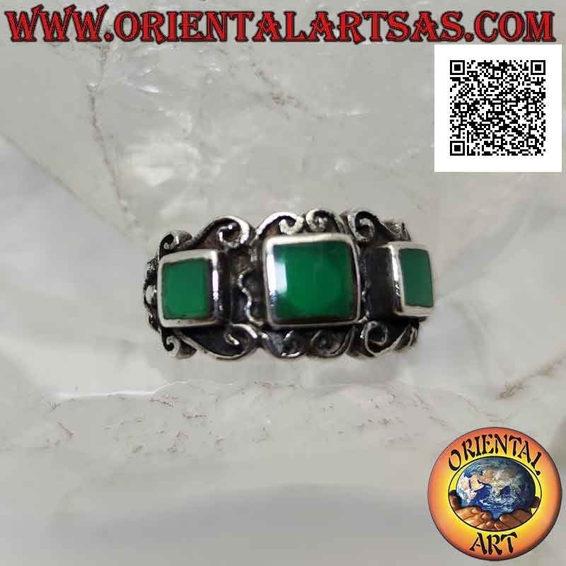 Silver ring, trio of square green agate surrounded by sinuous decoration