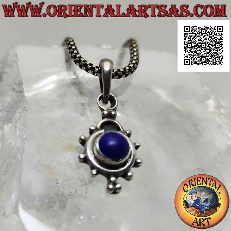 Pendant in silver, round lapis lazuli surrounded by a circle and balls and trio of balls below