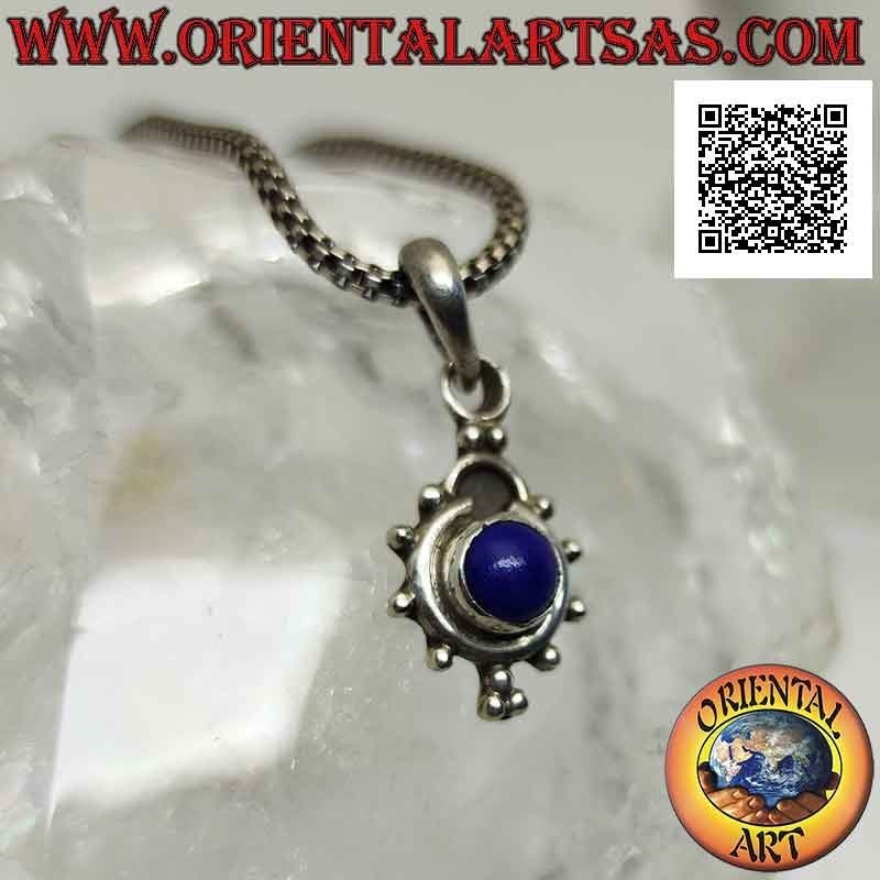 Pendentif en argent, lapis lazuli rond entouré d'un cercle et boules et trio de boules dessous