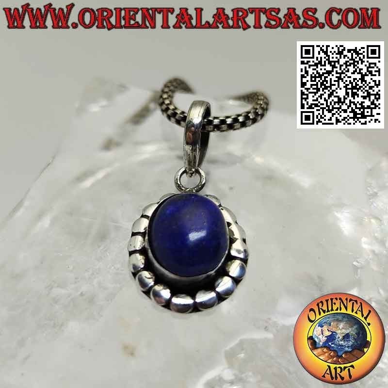 Silver pendant, oval lapis lazuli surrounded by flat smooth studs