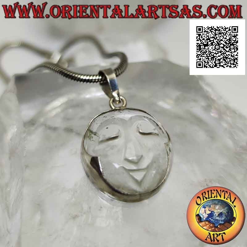 Silver pendant with the face of serenity engraved on rock crystal