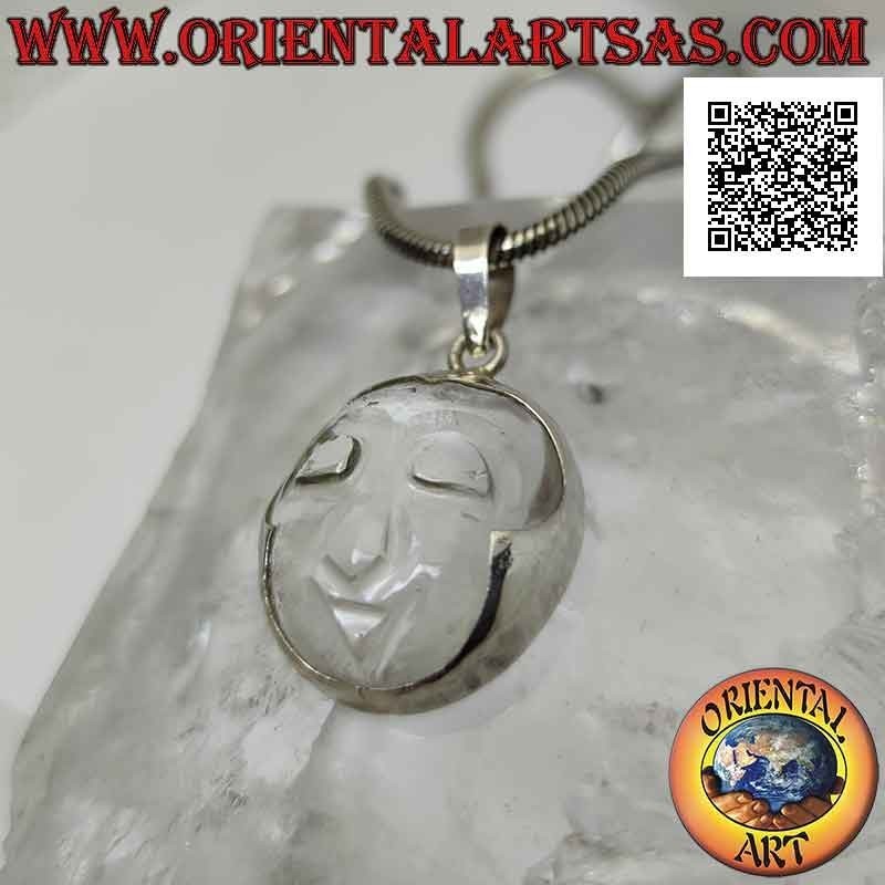 Silver pendant with the face of serenity engraved on rock crystal