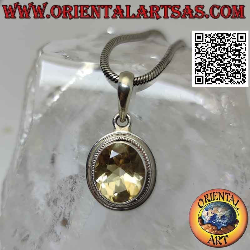Ciondolo in argento con topazio giallo ovale contornato da intreccio e bordo liscio