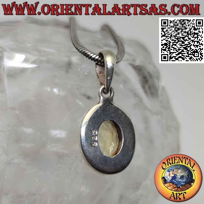 Silver pendant with oval yellow topaz surrounded by interlacing and smooth edge
