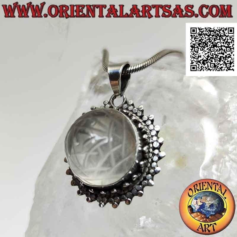 Silver pendant with Sri Yantra engraved on round rock crystal and double row of trio of circles