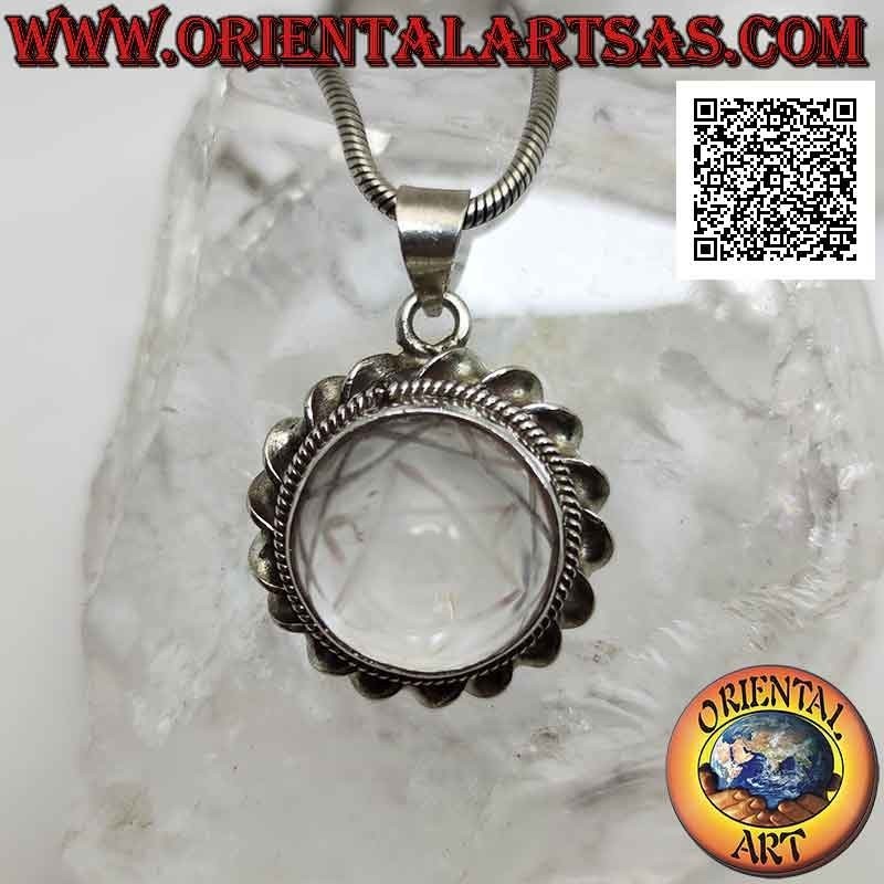 Silver pendant with Sri Yantra engraved on round rock crystal surrounded by a helical cord