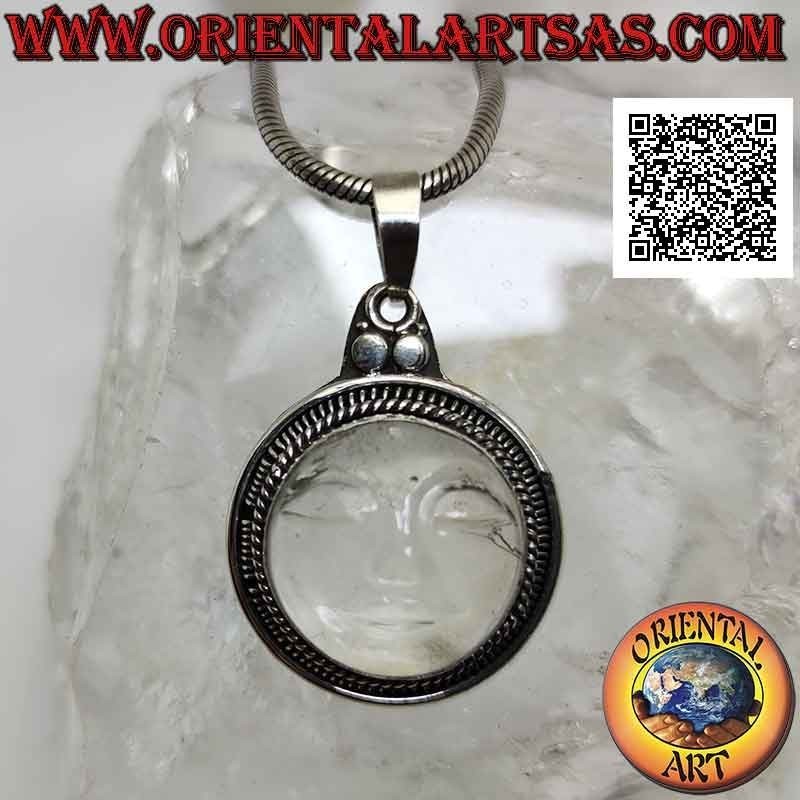 Silver pendant with the face of serenity engraved on rock crystal and smooth and striped edge