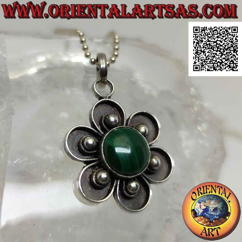 Silver flower pendant with central cabochon round malachite and petals with bas-relief ball