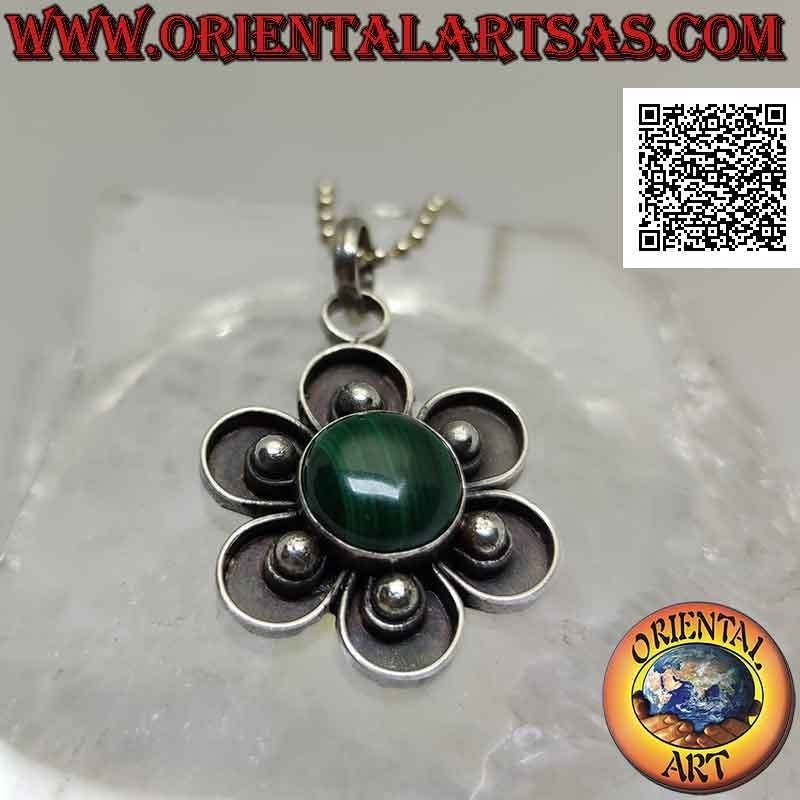 Silver flower pendant with central cabochon round malachite and petals with bas-relief ball