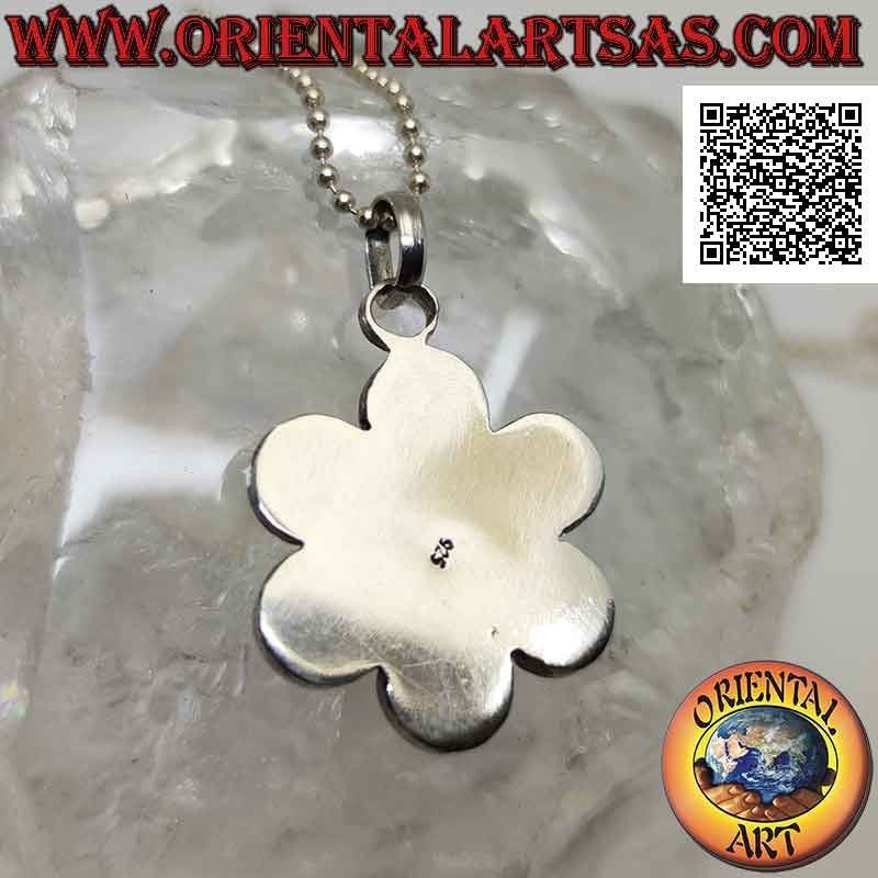 Pendentif fleur en argent avec cabochon central rond malachite et pétales avec boule en bas-relief