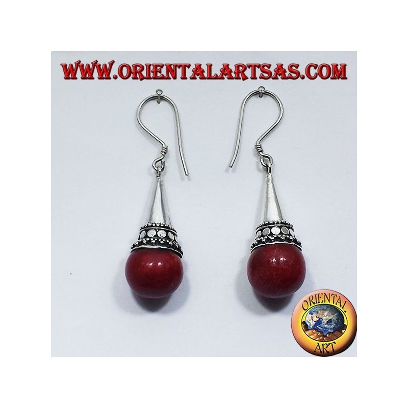 pendientes de cono de plata con esfera de coral