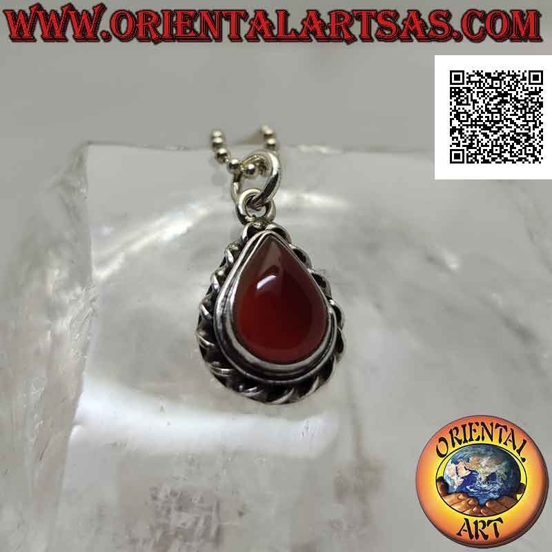 Silver pendant with drop carnelian surrounded by a helical cord